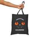 Printify eco-friendly Halloween tote bag with black cat face and Trick or Treat text