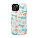 Printify impact-resistant pet-themed case with blue dog bones and brown paw prints on white background