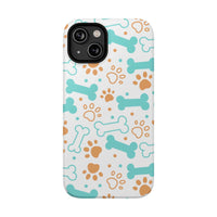 Printify impact-resistant pet-themed case with blue dog bones and brown paw prints on white background