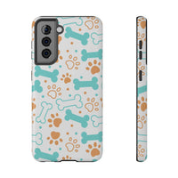Printify impact-resistant pet-themed case with blue and brown bone and paw print design for phone protection