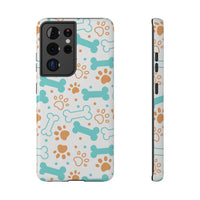 Printify impact-resistant pet-themed case with blue bones and brown paw prints on a white background