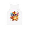 Printify kids eco-friendly tank top with colorful chick wearing large glasses graphic design