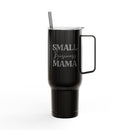 Black eco-friendly insulated tumbler with handle and clear lid featuring Small Business Mama design