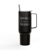 Black eco-friendly insulated tumbler with handle and clear lid featuring Small Business Mama design