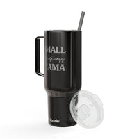 Black eco-friendly insulated tumbler with handle and clear lid by Printify for hot and cold drinks