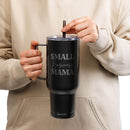 Printify black eco-friendly insulated tumbler with handle and straw held by person wearing beige hoodie