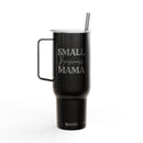 Black eco-friendly insulated tumbler with handle and straw featuring Small Business Mama design