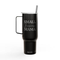 Black eco-friendly insulated tumbler with handle and straw featuring Small Business Mama design