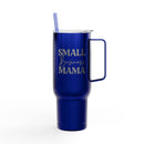 Blue Printify eco-friendly insulated tumbler with handle and straw featuring Small Business Mama text
