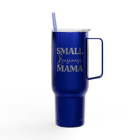Blue Printify eco-friendly insulated tumbler with handle and straw featuring Small Business Mama text