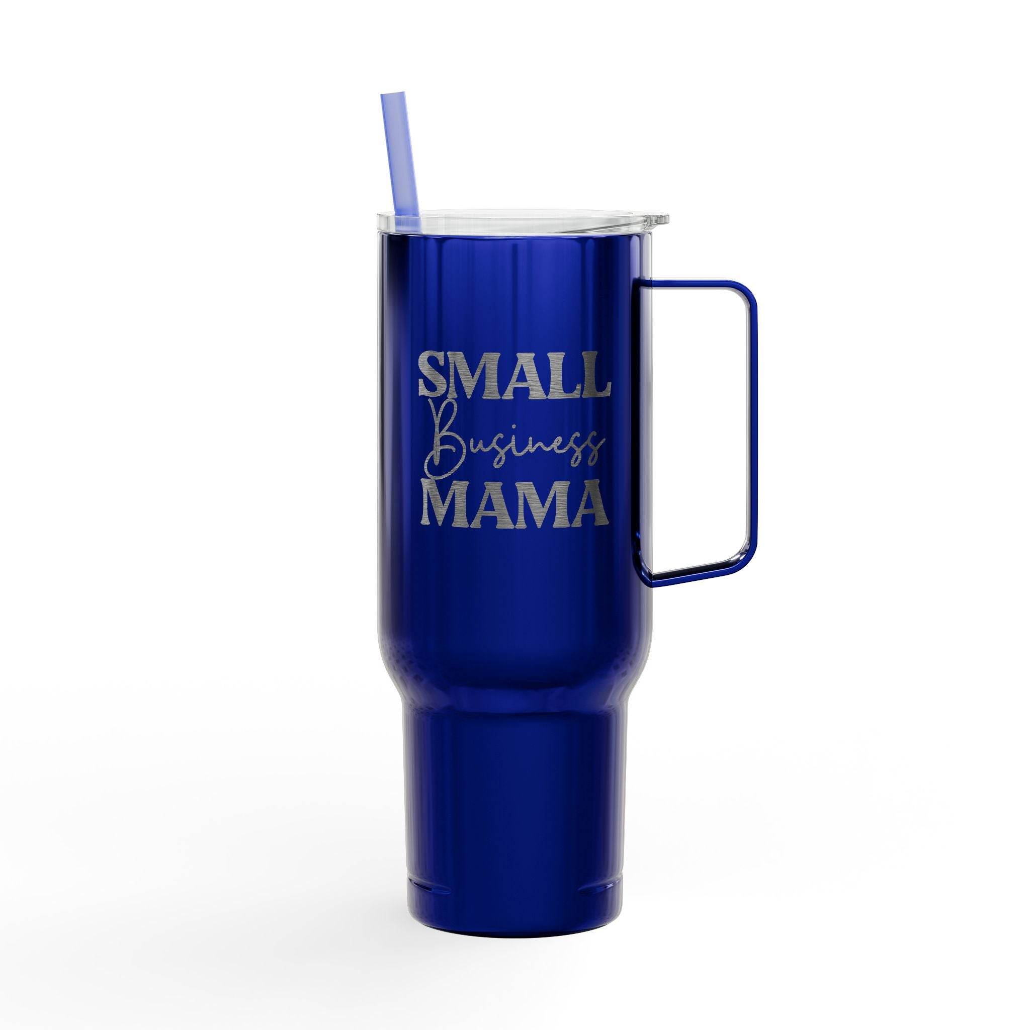 Blue Printify eco-friendly insulated tumbler with handle and straw featuring Small Business Mama text