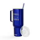 Printify blue eco-friendly insulated tumbler with handle straw and clear lid Small Business Mama text