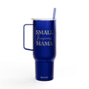 Blue eco-friendly insulated tumbler with handle and straw featuring Small Business Mama text