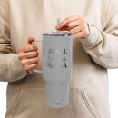 Printify eco-friendly insulated tumbler in gray with small business mama design and clear lid held by person
