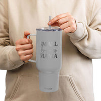Printify eco-friendly insulated tumbler in gray with small business mama design and clear lid held by person