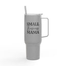Printify eco-friendly insulated tumbler in gray with handle and Small Business Mama text