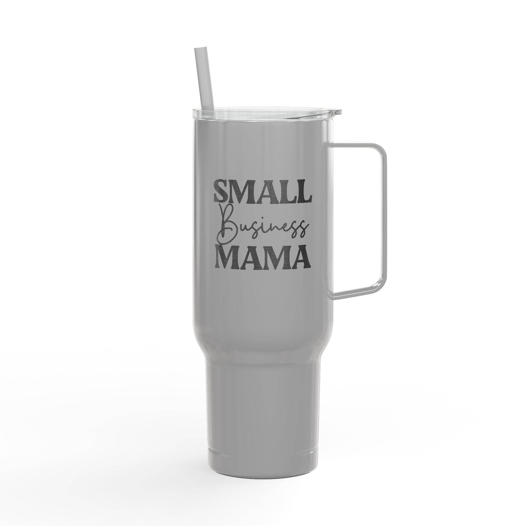 Printify eco-friendly insulated tumbler in gray with handle and Small Business Mama text