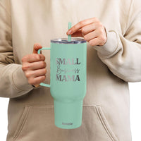 Printify eco-friendly insulated tumbler in mint green with handle and small business mama text