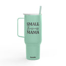 Mint green eco-friendly insulated tumbler with handle and straw featuring Small Business Mama text