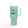 Printify eco-friendly insulated tumbler in mint green with small business mama text and handle