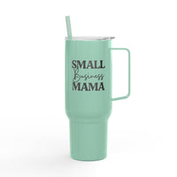 Printify eco-friendly insulated tumbler in mint green with small business mama text and handle