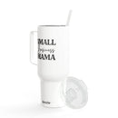 White eco-friendly insulated tumbler with handle and straw featuring Small Business Mama text