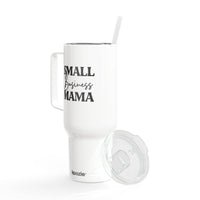 White eco-friendly insulated tumbler with handle and straw featuring Small Business Mama text
