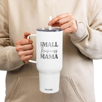 White eco-friendly insulated tumbler with handle and straw featuring Small Business Mama text held by person
