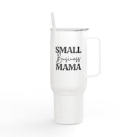 Printify eco-friendly insulated tumbler with handle and straw featuring Small Business Mama text