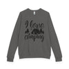 Printify gray sweatshirt with I love camping tent and trees print eco-friendly camping sweatshirt for outdoors