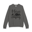 Printify gray sweatshirt with I love camping tent and trees print eco-friendly camping sweatshirt for outdoors