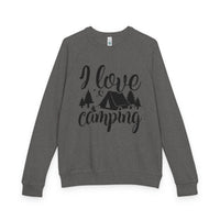 Printify gray sweatshirt with I love camping tent and trees print eco-friendly camping sweatshirt for outdoors