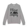 Printify gray sweatshirt with I love camping tent graphic and trees eco-friendly camping sweatshirt for outdoor lovers