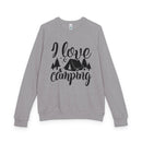 Printify gray sweatshirt with I love camping tent graphic and trees eco-friendly camping sweatshirt for outdoor lovers