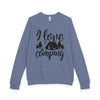 Printify blue heather crewneck with black I love camping tent graphic on front eco-friendly camping sweatshirt for outdoor lovers