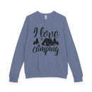 Printify blue heather crewneck with black I love camping tent graphic on front eco-friendly camping sweatshirt for outdoor lovers