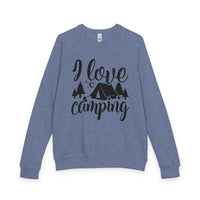 Printify blue heather crewneck with black I love camping tent graphic on front eco-friendly camping sweatshirt for outdoor lovers