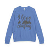 Printify blue crewneck eco-friendly camping sweatshirt with I love camping tent and trees graphic