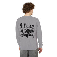Printify grey sweatshirt back view with I love camping tent and trees print eco-friendly camping sweatshirt for outdoor lovers