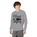 Printify grey crewneck sweatshirt on male model with I love camping tent and trees graphic eco-friendly camping sweatshirt