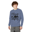 Printify eco-friendly camping sweatshirt blue heather crewneck with I love camping tent and trees graphic