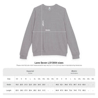 Printify gray crewneck eco-friendly camping sweatshirt flat lay with measurement lines and size chart