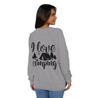 Printify gray women's sweatshirt with I love camping tent and trees back print eco-friendly camping sweatshirt