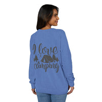 Model wearing Printify blue sweatshirt showing I love camping tent graphic on back eco-friendly camping sweatshirt