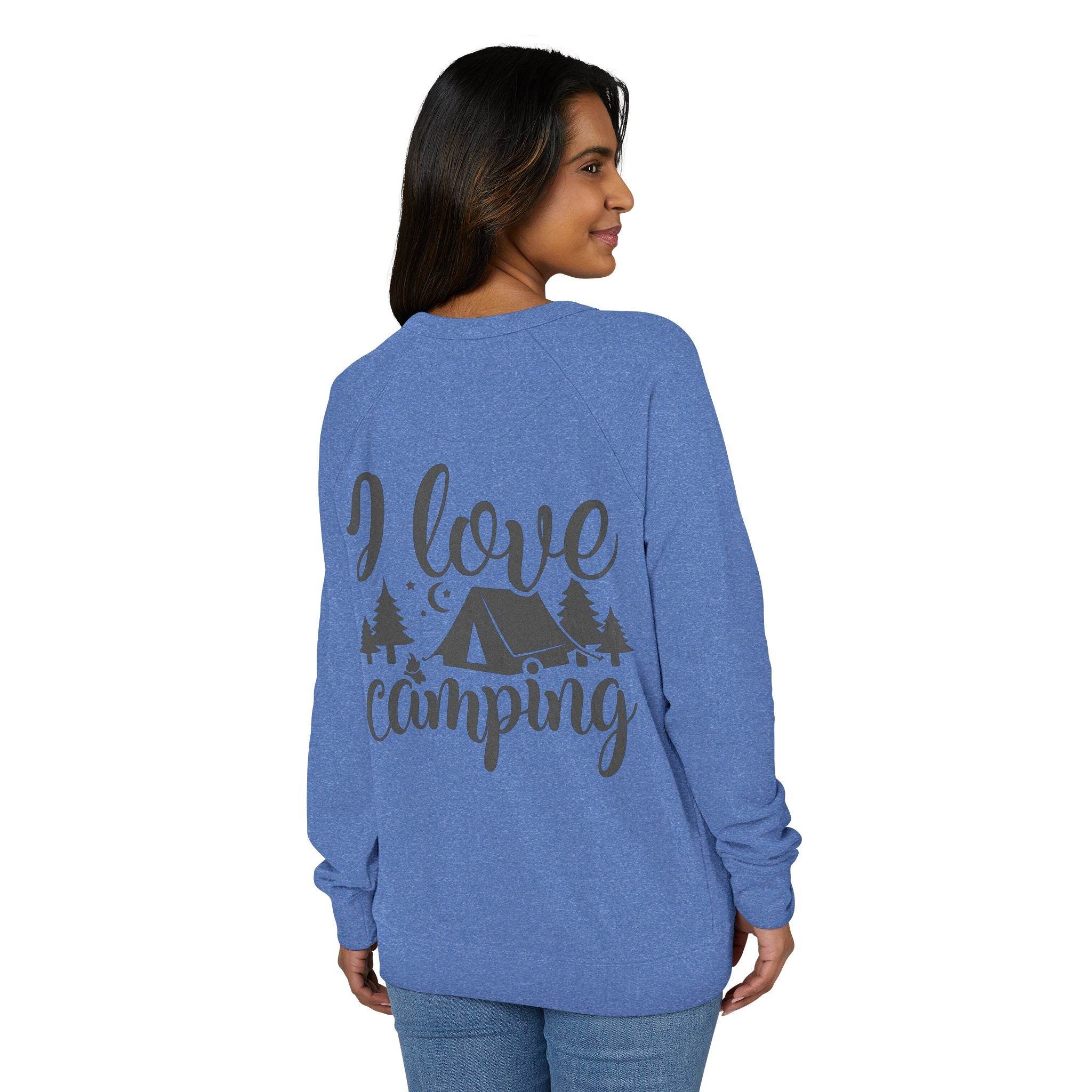 Model wearing Printify blue sweatshirt showing I love camping tent graphic on back eco-friendly camping sweatshirt