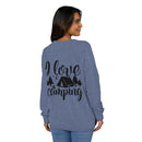 Printify eco-friendly camping sweatshirt in heather blue with I love camping back print showing tent trees and moon