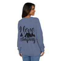 Printify eco-friendly camping sweatshirt in heather blue with I love camping back print showing tent trees and moon