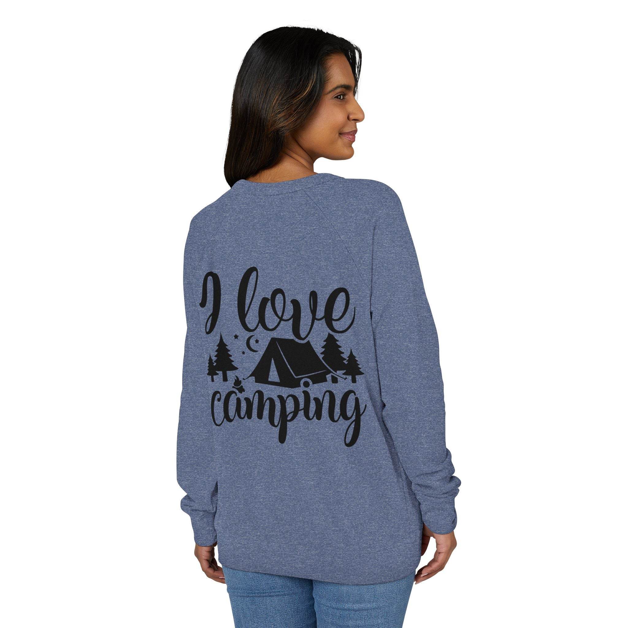 Printify eco-friendly camping sweatshirt in heather blue with I love camping back print showing tent trees and moon