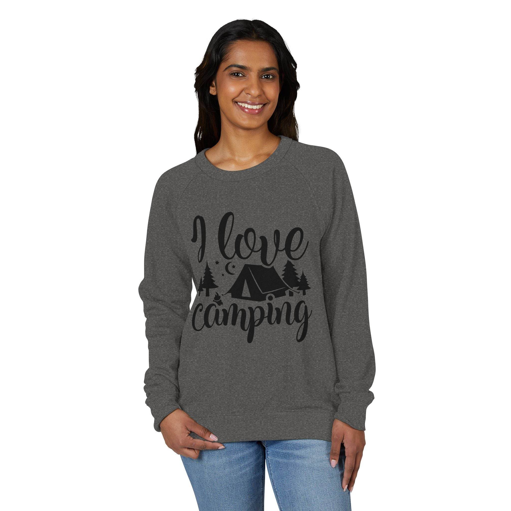 Printify eco-friendly camping sweatshirt on smiling woman wearing gray crewneck with I love camping tent and trees print