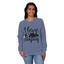 Printify sweatshirt on smiling model with I love camping tent graphic eco-friendly camping sweatshirt for outdoor lovers